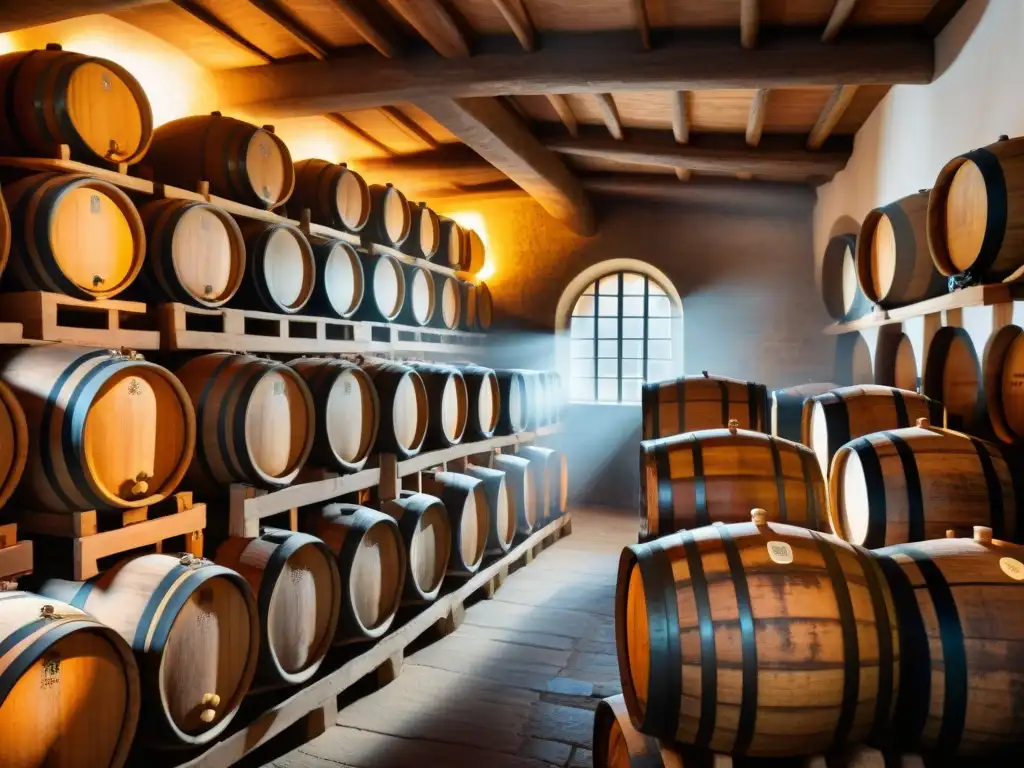 Mística bodega italiana de conservación vinagre balsámico envejecido, barriles de madera y luz cálida