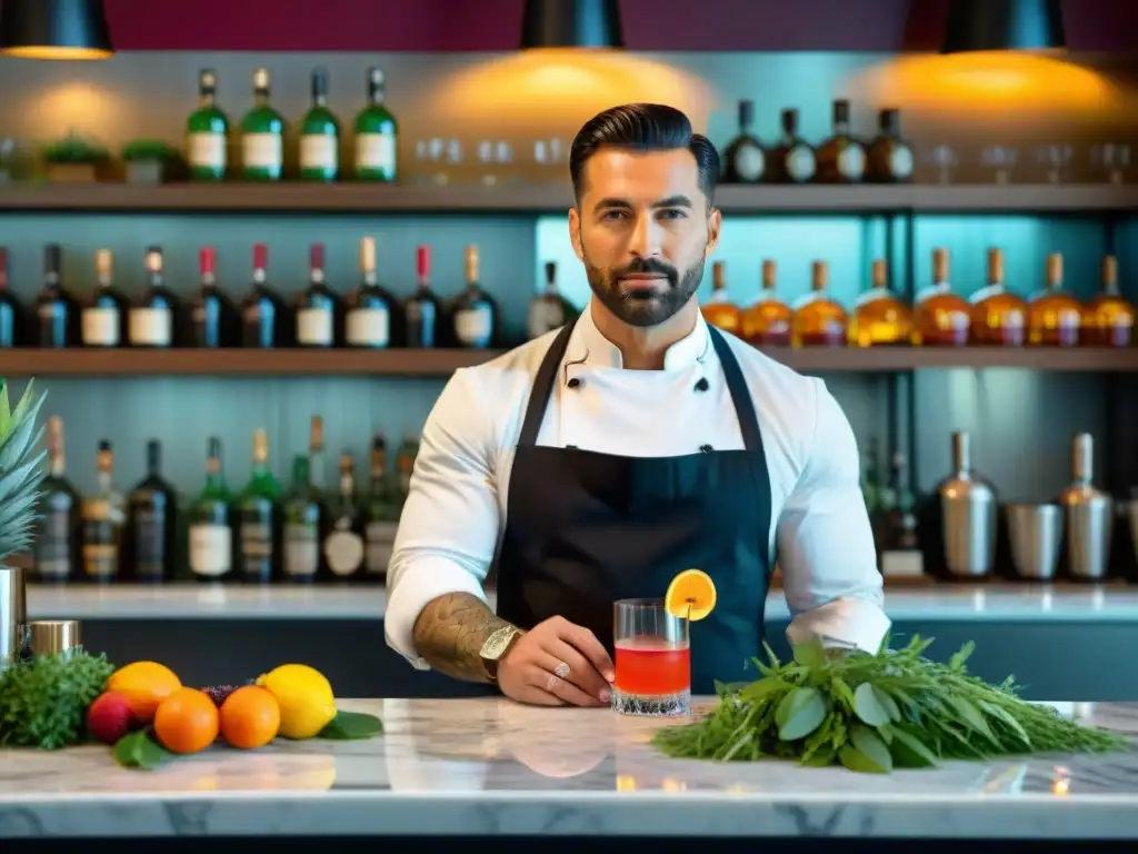 Un mixólogo hábil elaborando un cóctel en un restaurante innovador en Italia