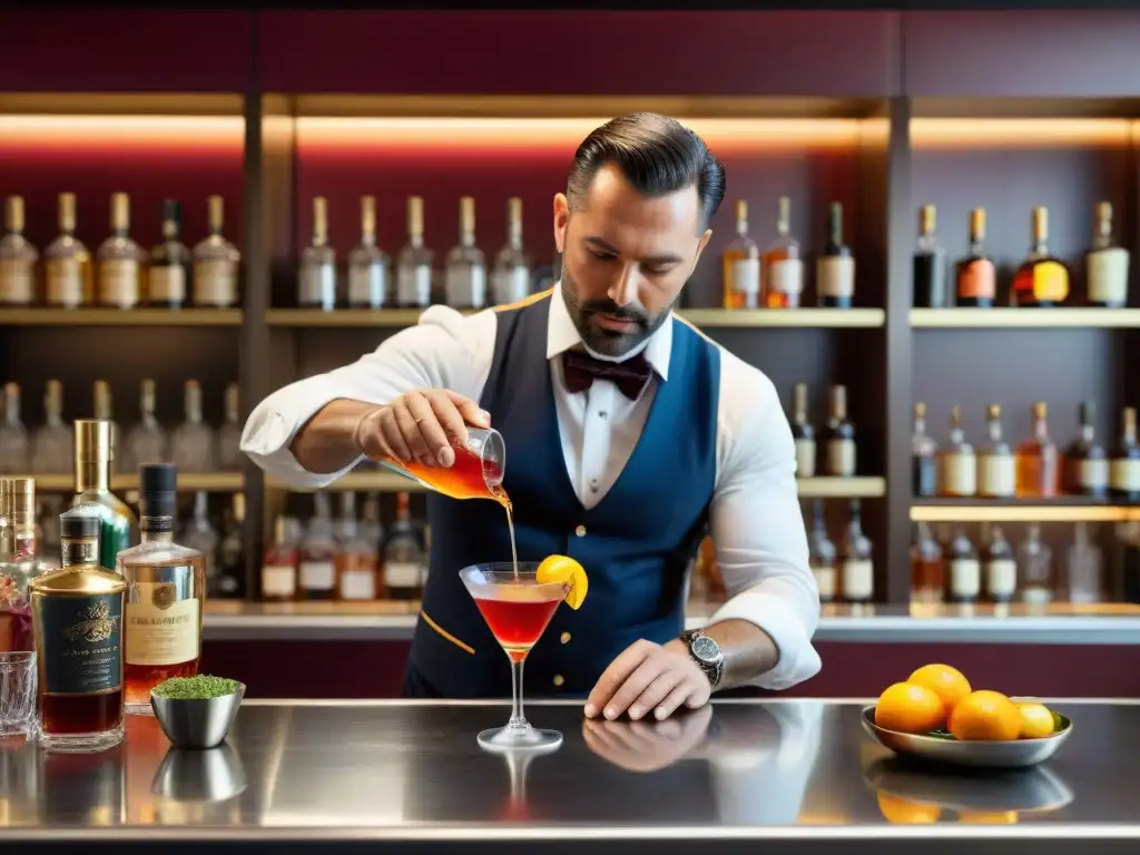 Un mixólogo experto preparando un cóctel italiano con sabores étnicos en un elegante bar moderno