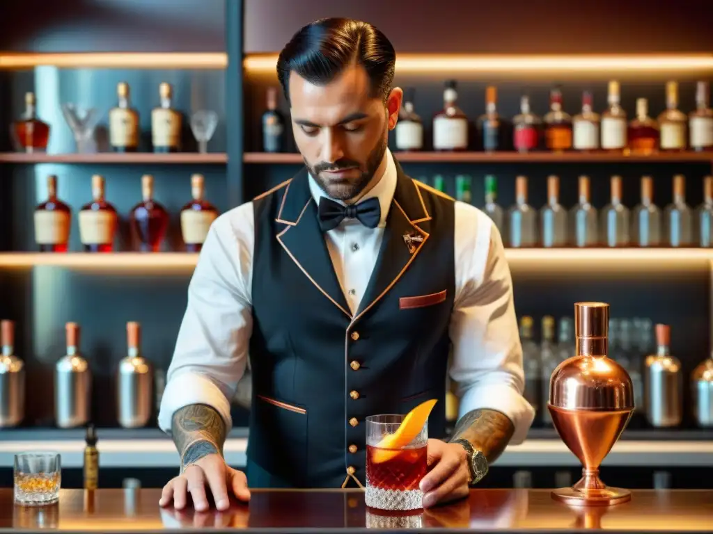 Un mixólogo experto prepara un Negroni con un toque moderno en un elegante bar italiano, con cócteles tradicionales reinventados