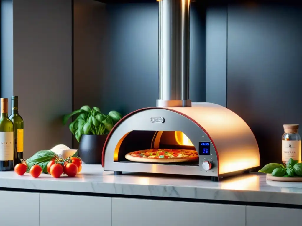 Moderna cocina con el mejor horno de pizza casero, rodeado de ingredientes frescos en un ambiente contemporáneo y tecnológico