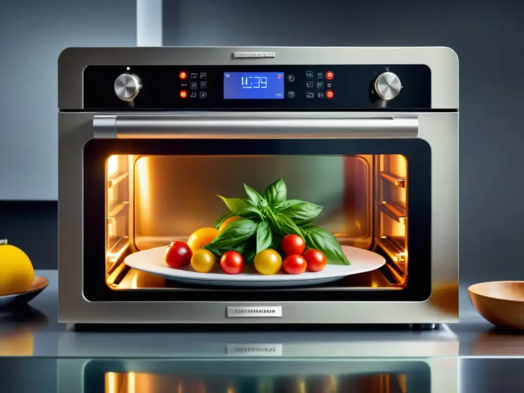 Moderno horno inteligente italiano rodeado de ingredientes tradicionales, fusionando cocina italiana con gadgets inteligentes tendencias