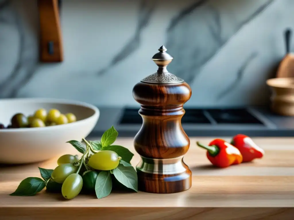 Un molino de pimienta italiano de lujo esculpido en mármol y acero inoxidable, con grabados de uvas y viñas, en una cocina rústica italiana