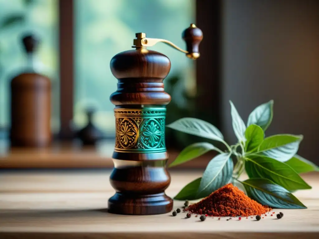 Molino de pimienta italiano de lujo en madera oscura con detalles intrincados en una mesa de cocina rústica con hierbas frescas y especias coloridas