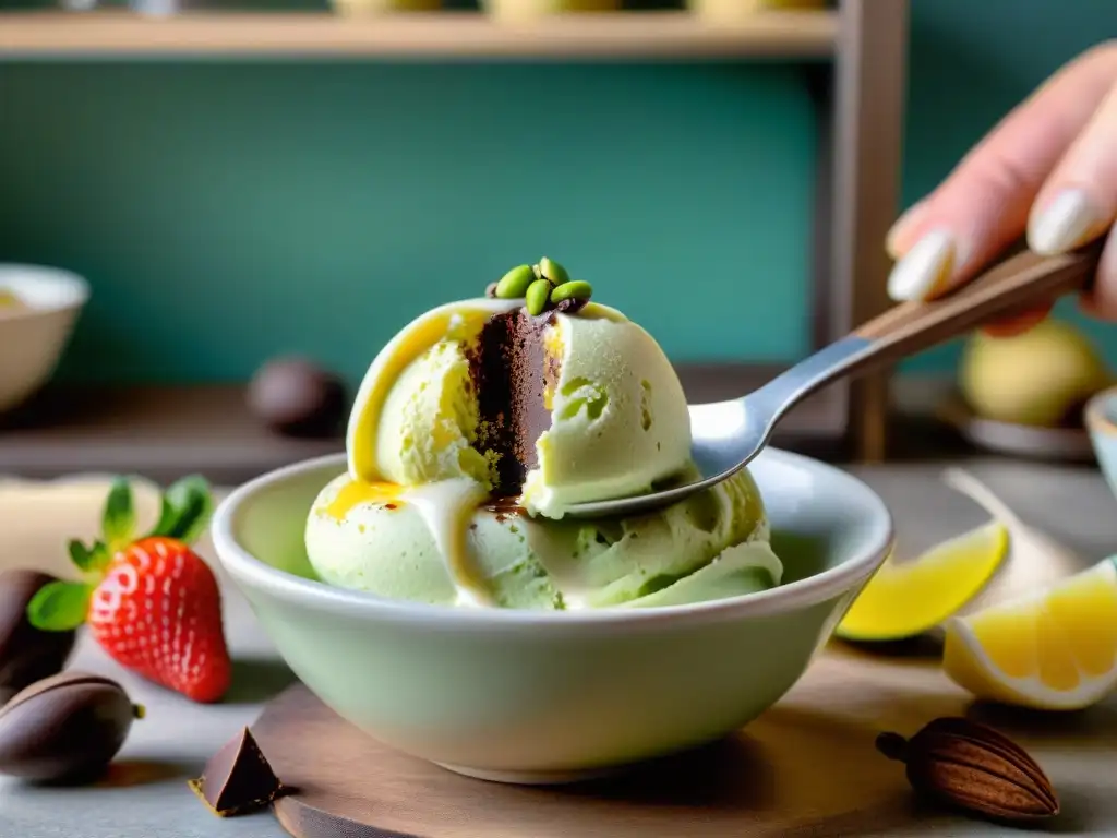 Un momento de deleite al servir un cremoso gelato casero de pistacho en un elegante cuenco de postre