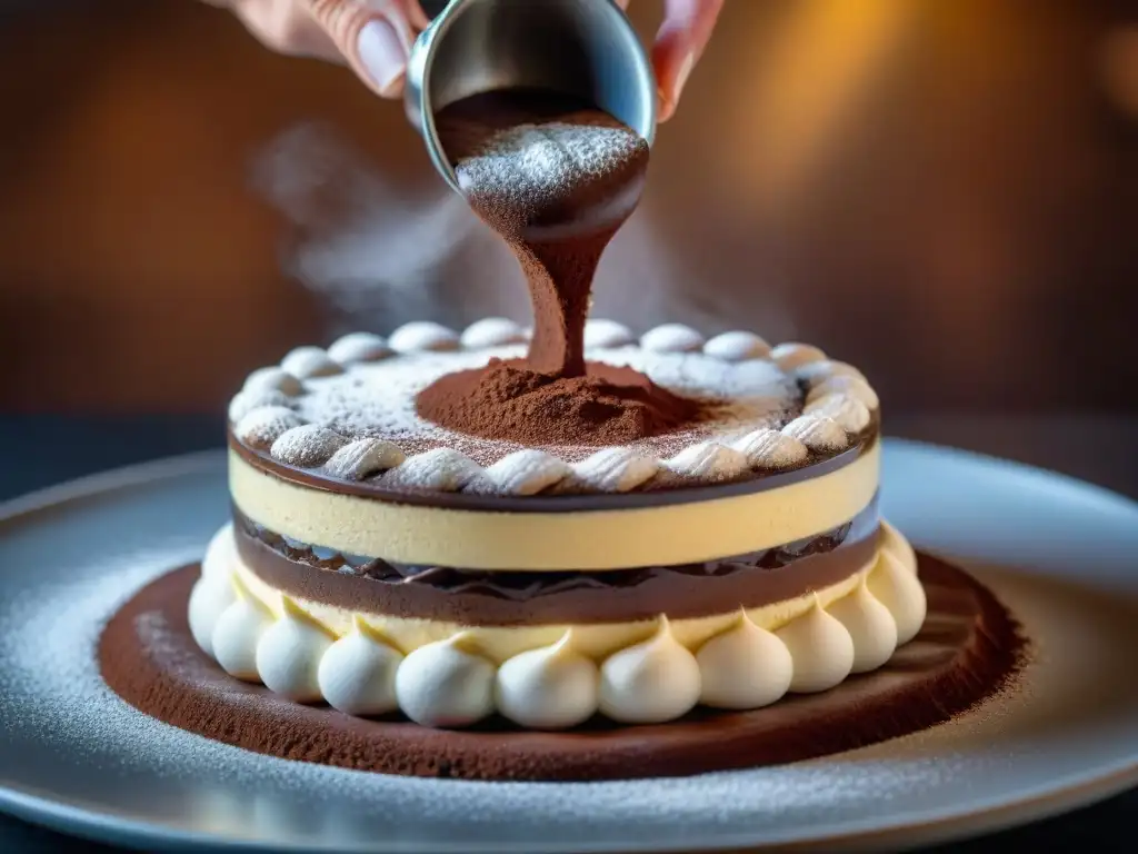 Un momento mágico en la cocina: mano espolvoreando cacao sobre un tiramisú en una cocina rústica