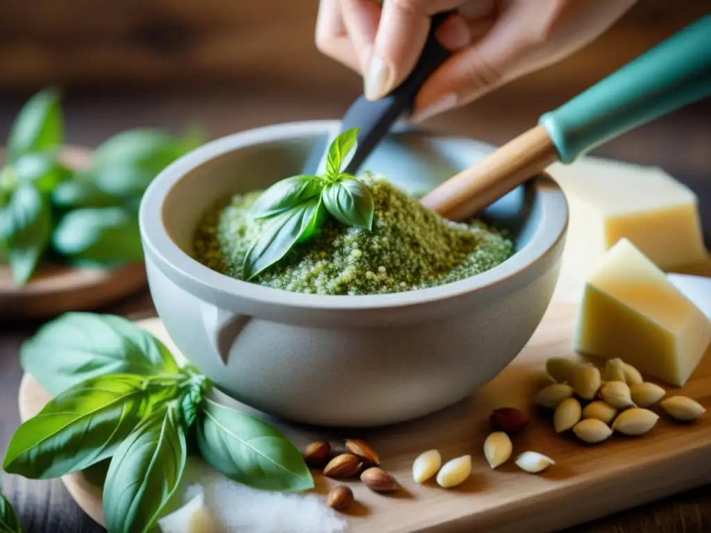 Un momento mágico en la cocina: preparando pesto en Liguria con albahaca, piñones, ajo y queso Parmesano