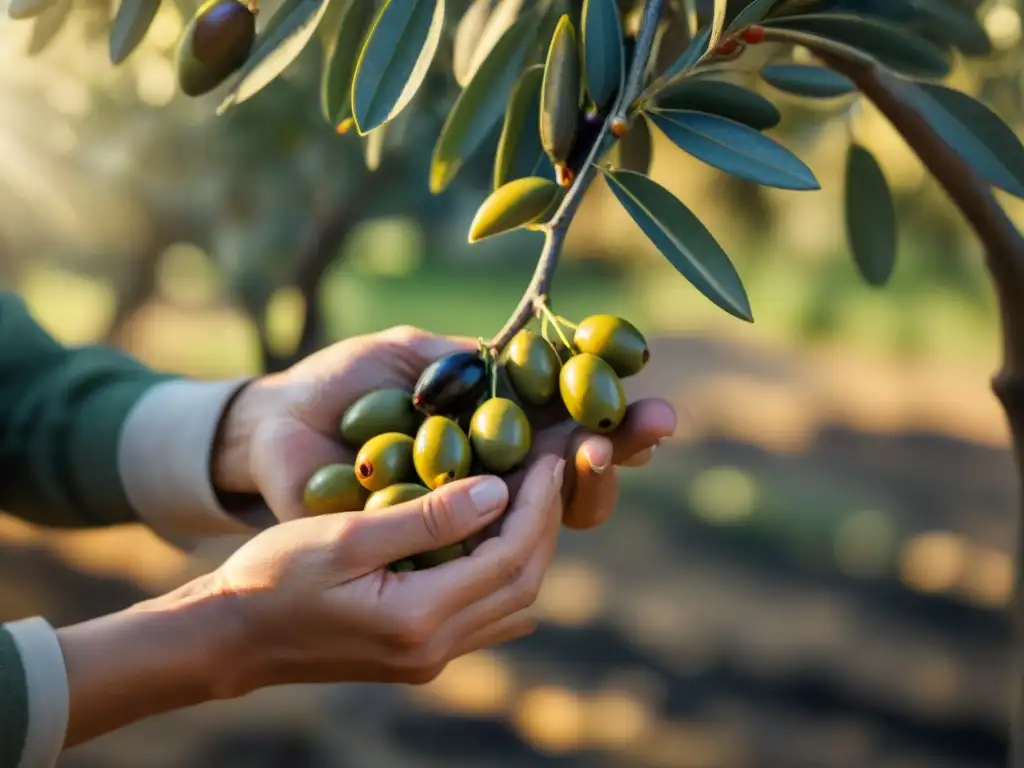 Un momento mágico en la cosecha manual de aceitunas en un olivar italiano al atardecer, resaltando la fermentación en aceites italianos