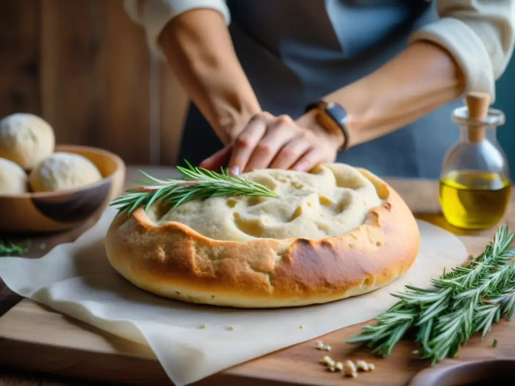 Un momento mágico de preparar focaccia integral sin gluten receta en una cocina acogedora