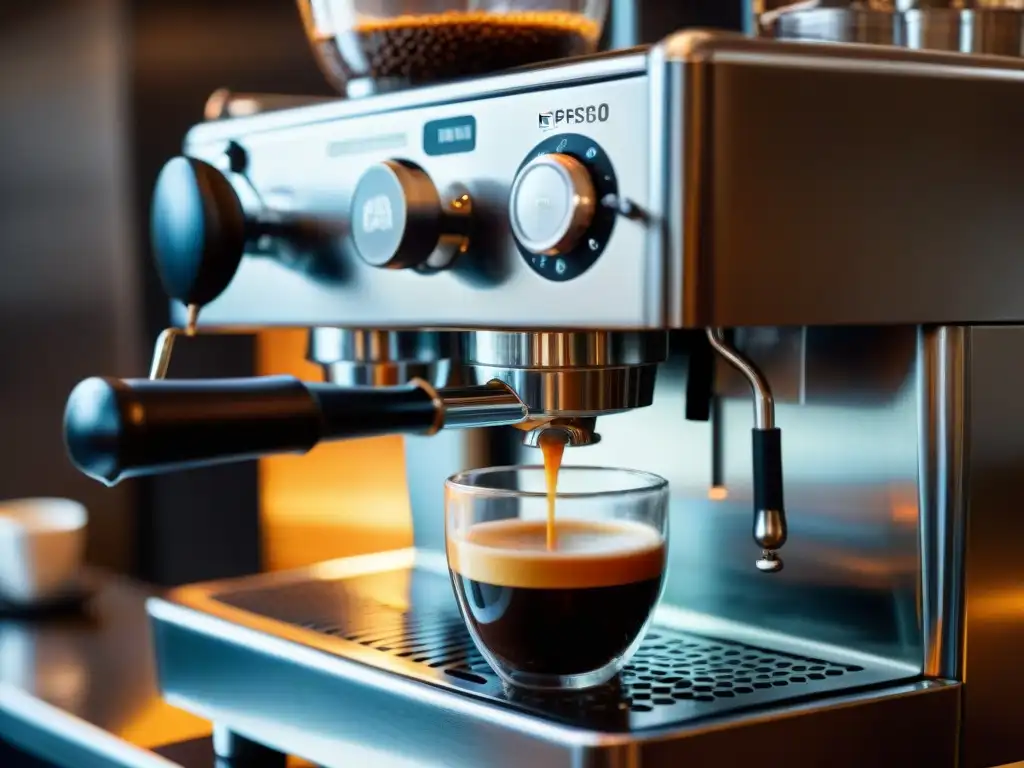 Un momento perfecto de café italiano con una elegante máquina de espresso en una cocina acogedora