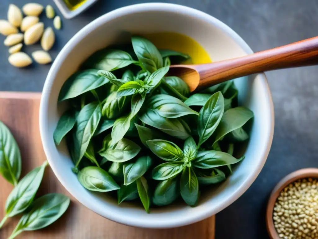 Mortero con albahaca, piñones y queso parmesano, receta auténtica pesto genovese