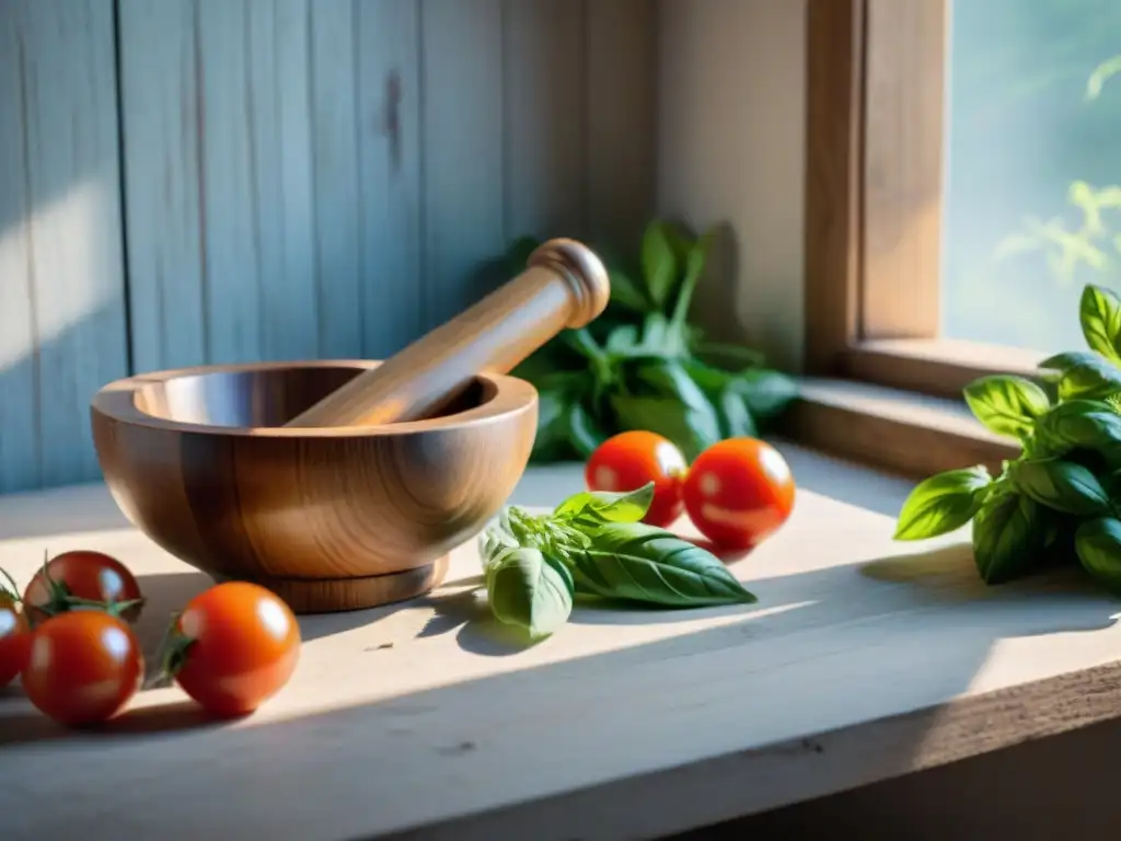 Un mortero de madera rústico rodeado de hierbas frescas, tomates rojos y ajos enteros