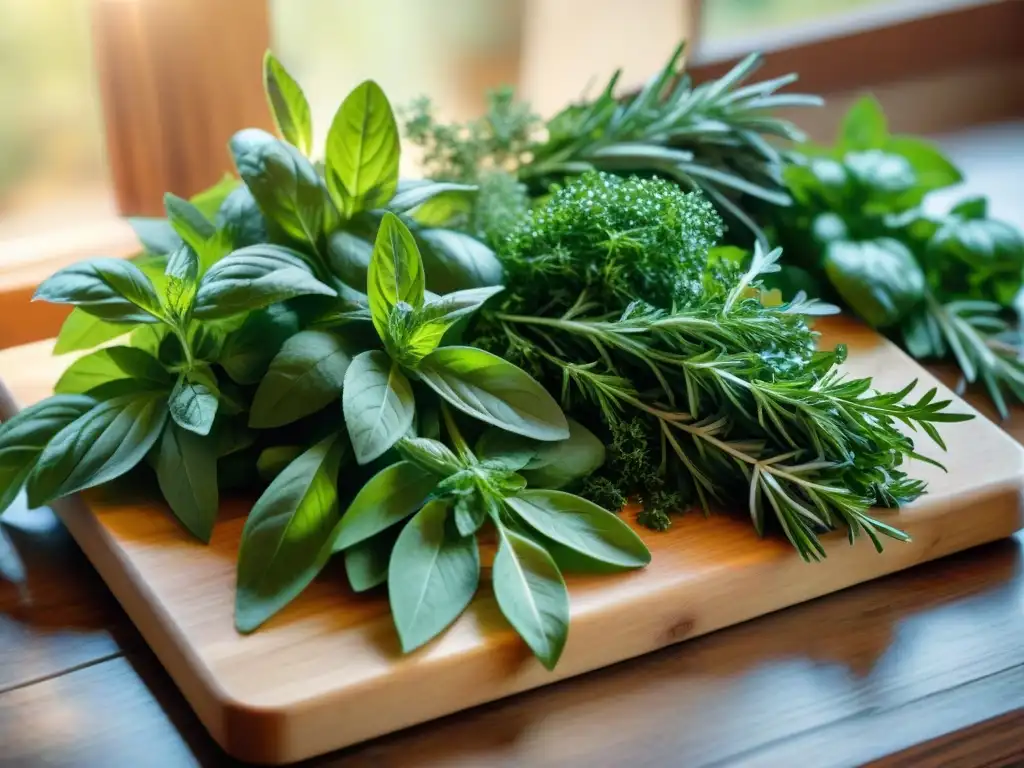 Una muestra de hierbas esenciales para la cocina italiana: albahaca, romero, orégano y perejil frescos sobre tabla de madera rústica