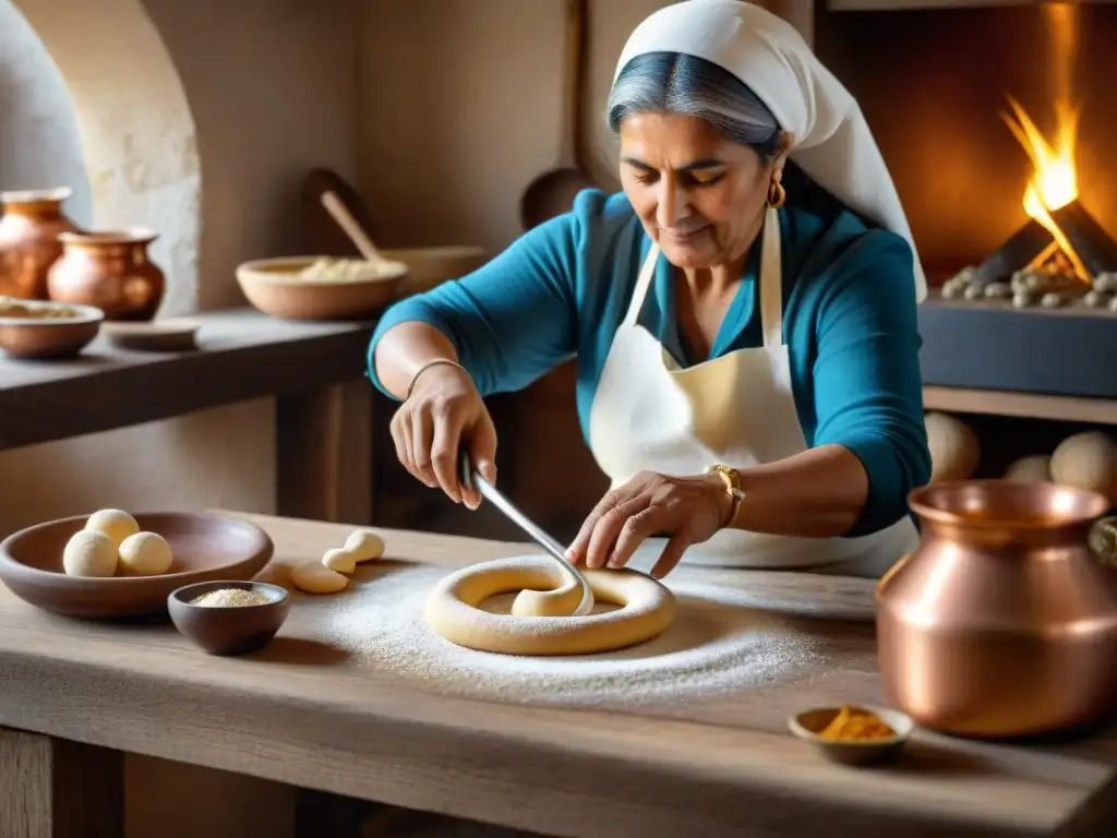 Una mujer apuliana creando taralli en una cocina rústica, con manos expertas y ambiente tradicional