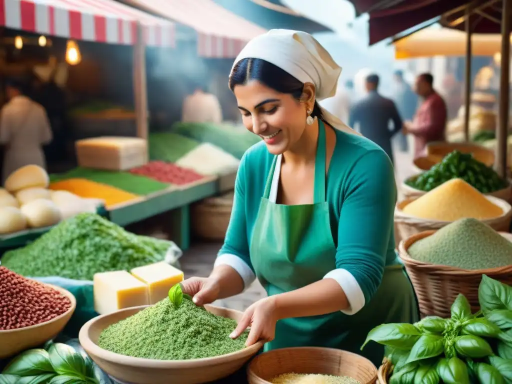 Una mujer genovesa tradicional seleccionando ingredientes frescos en un mercado italiano