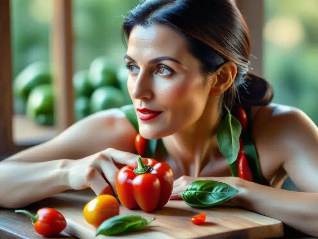 Mujer italiana de 40 años con piel radiante cortando pimiento rojo en mesa rústica con ingredientes mediterráneos frescos