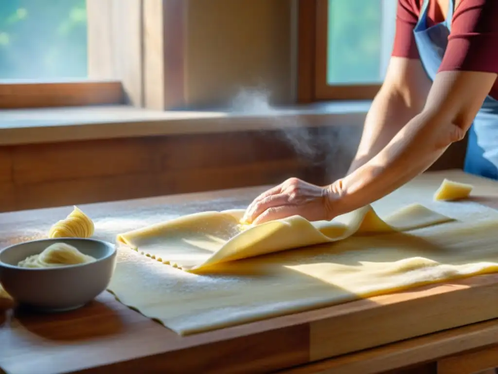 Una mujer italiana experta en cocina elabora pasta fresca a mano, mostrando la tradición de las recetas familiares italianas tradicionales