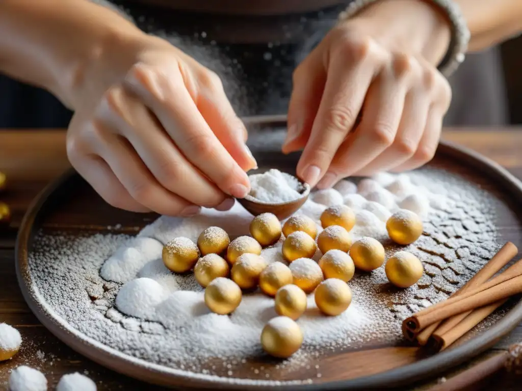 Una mujer italiana madura moldea bolas de masa para struffoli en una mesa de madera rústica, bañada en luz natural cálida