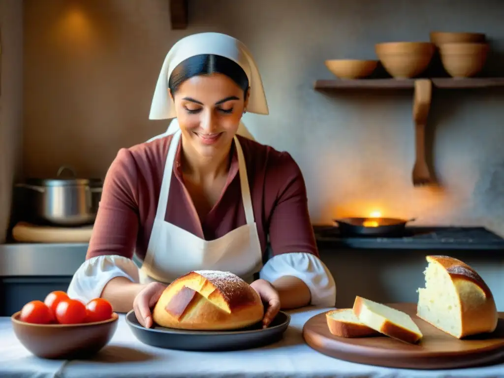 Cocina tradicional: Preparando Pane Frattau con amor Una mujer sarda tradicional expertamente preparando Pane Frattau, destacando la historia del plato italiano