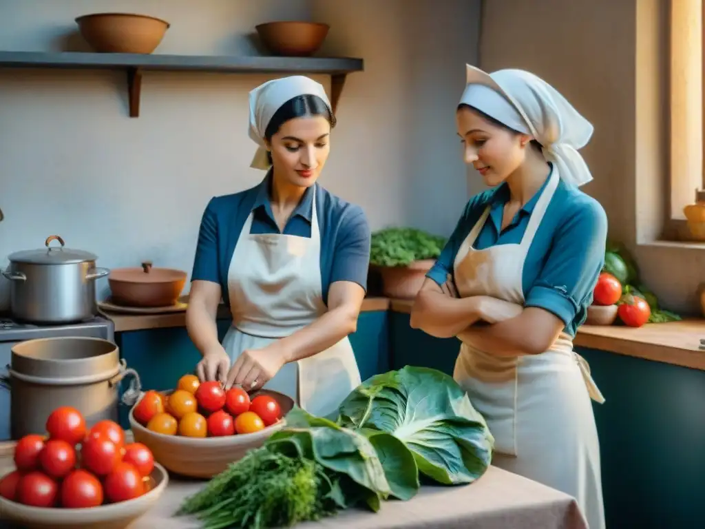 Mujeres italianas preparan recetas tradicionales en cocina comunitaria durante la Segunda Guerra Mundial, mostrando resiliencia y creatividad