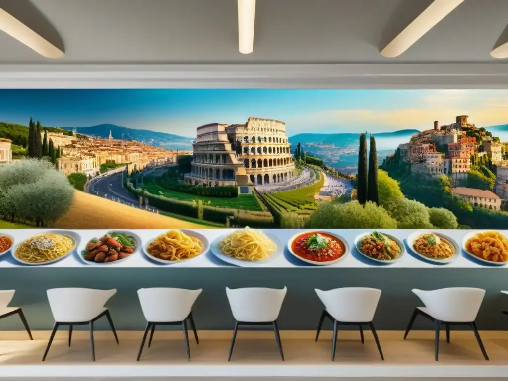 Un mural detallado de la evolución de la dieta italiana desde la antigua Roma hasta la modernidad