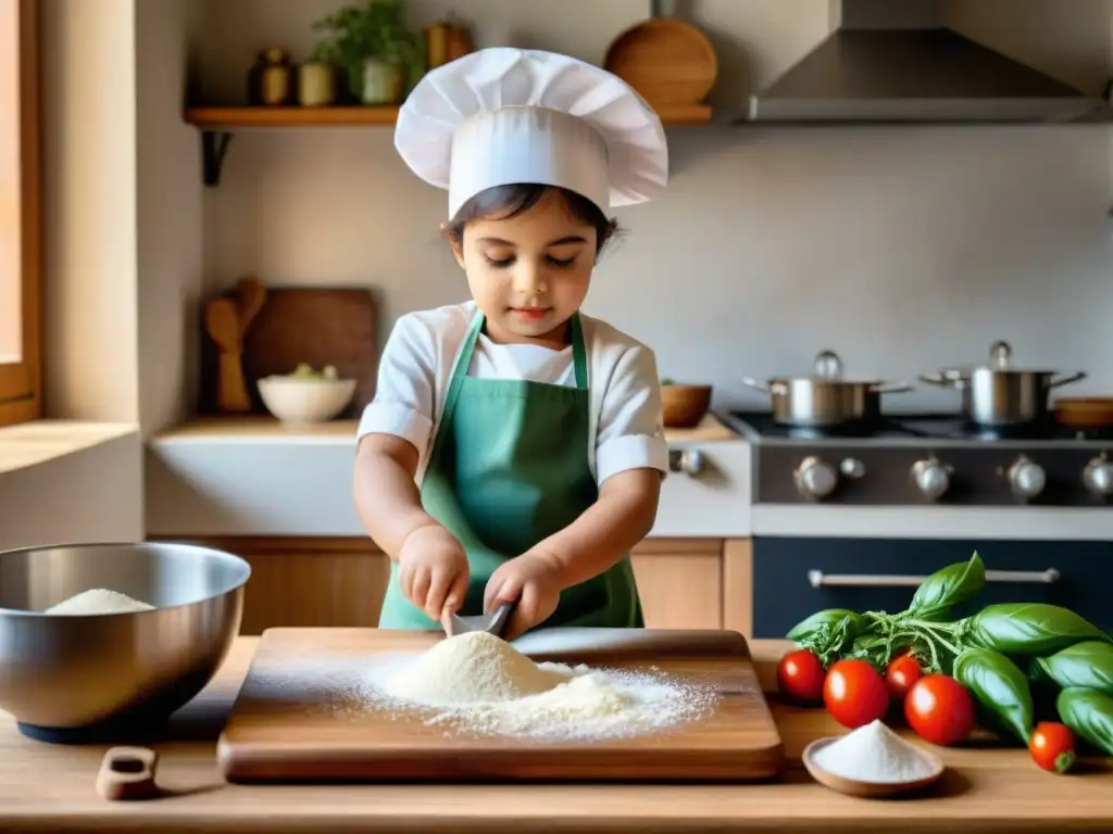 Niño en cocina italiana: prepara con entusiasmo una receta, rodeado de ingredientes frescos y sol, ideal para 'Recetas italianas fáciles para niños'