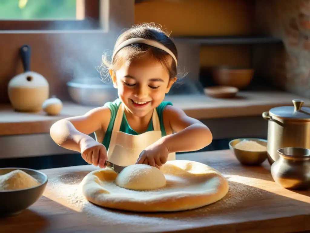 Niño feliz amasando masa de pizza en cocina italiana rústica, mostrando amor por la cocina italiana en ambiente acogedor y soleado