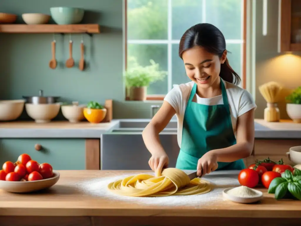 Un niño feliz prepara pasta con un familiar en una cocina acogedora, rodeados de ingredientes coloridos