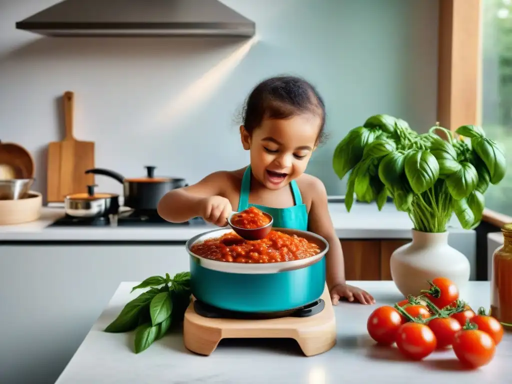 Un niño feliz removiendo salsa de tomate en la cocina, rodeado de ingredientes italianos frescos