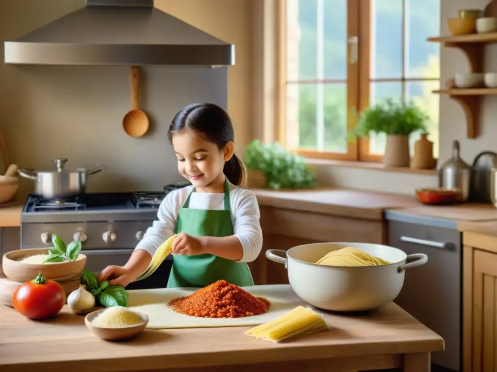 Un niño feliz revolviendo salsa de tomate en una cocina soleada