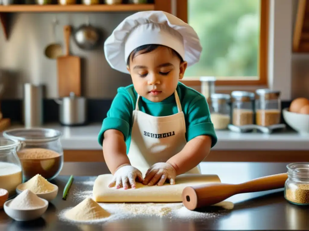 Un niño preparando masa de pizza en la cocina, rodeado de ingredientes