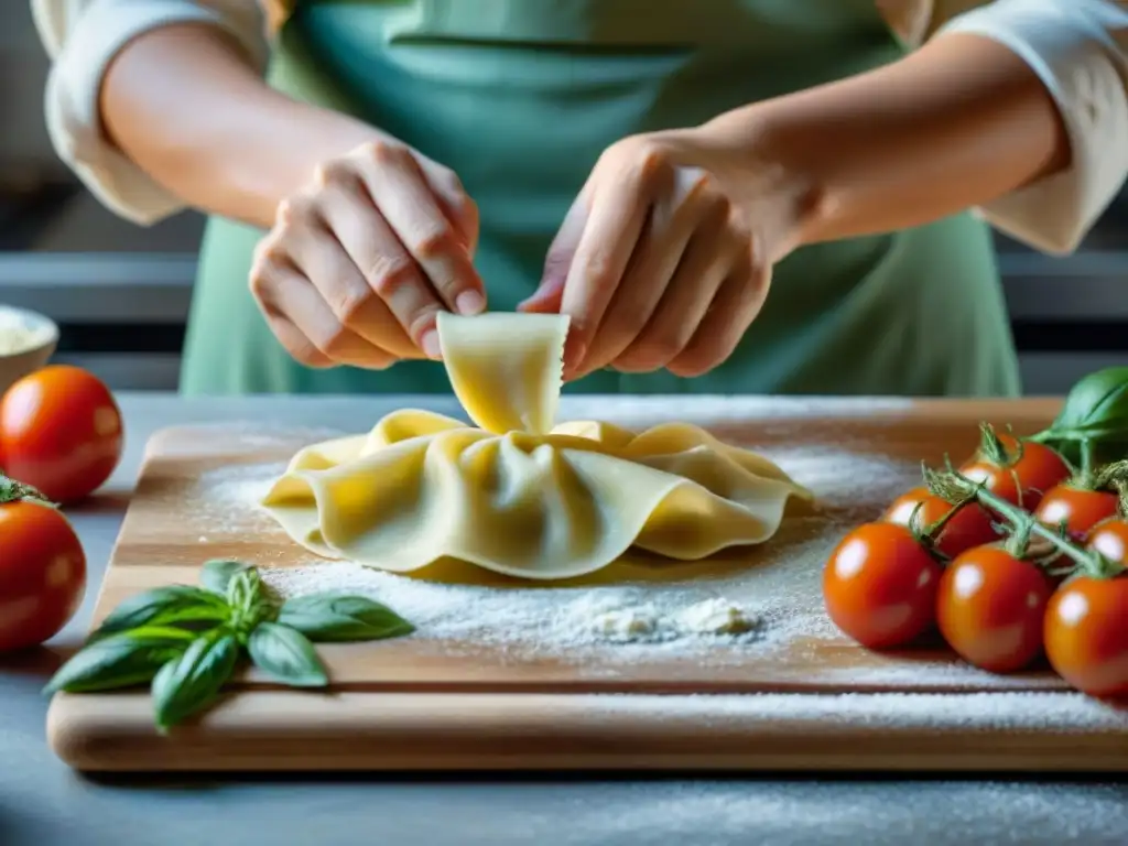 Un niño moldea ravioli con delicadeza, rodeado de ingredientes frescos, capturando la esencia de recetas italianas fáciles para niños