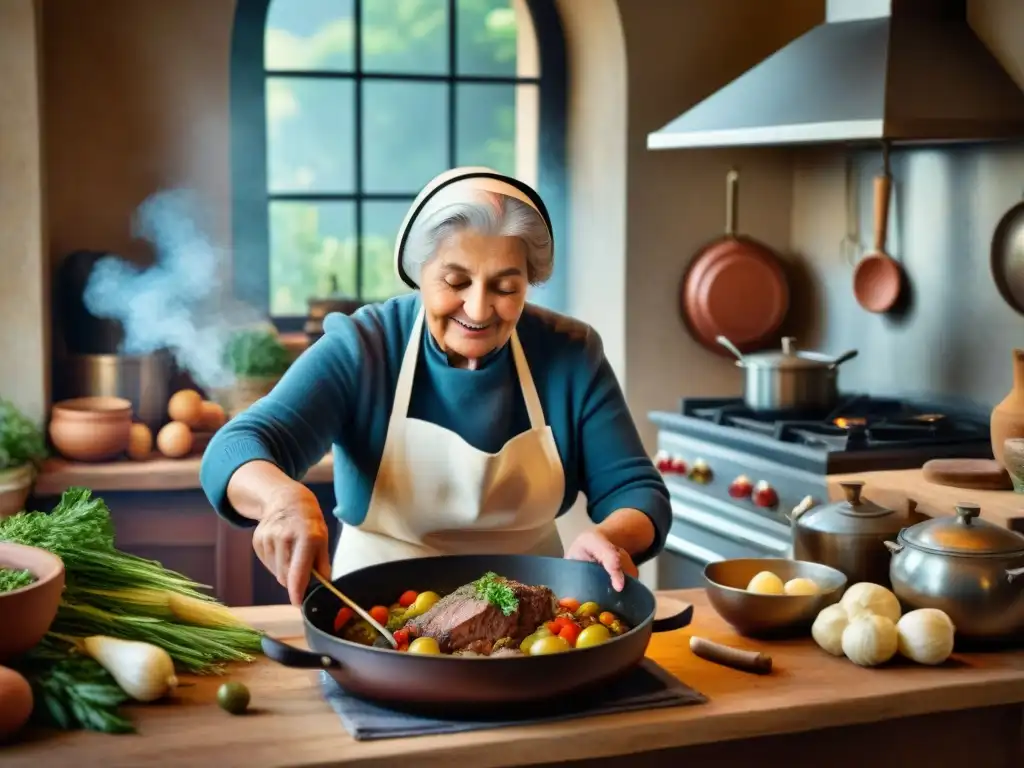 La nonna prepara con amor un bollito misto en una cocina italiana tradicional, con ingredientes frescos