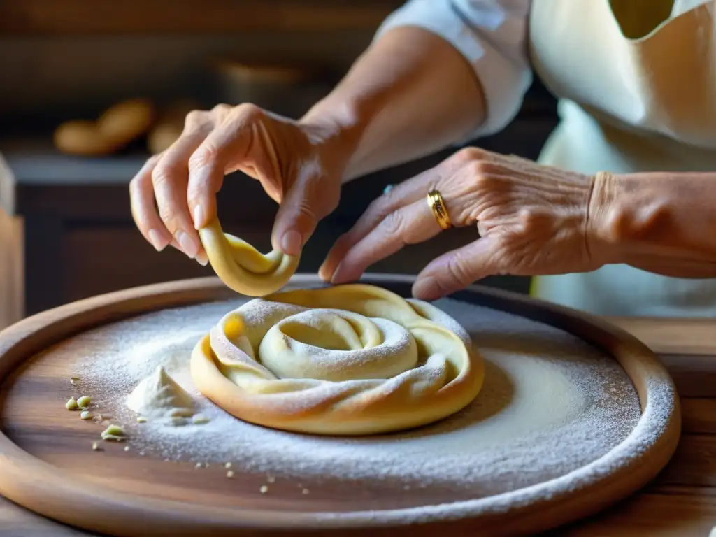 Una nonna apuliana moldea con destreza la receta tradicional taralli Apulia, evocando tradición y maestría culinaria