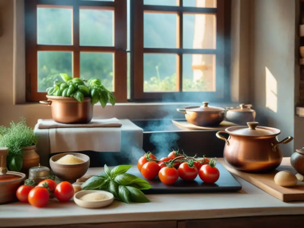 Una nonna cocina salsa marinara en una cocina italiana tradicional con ingredientes frescos y coloridos