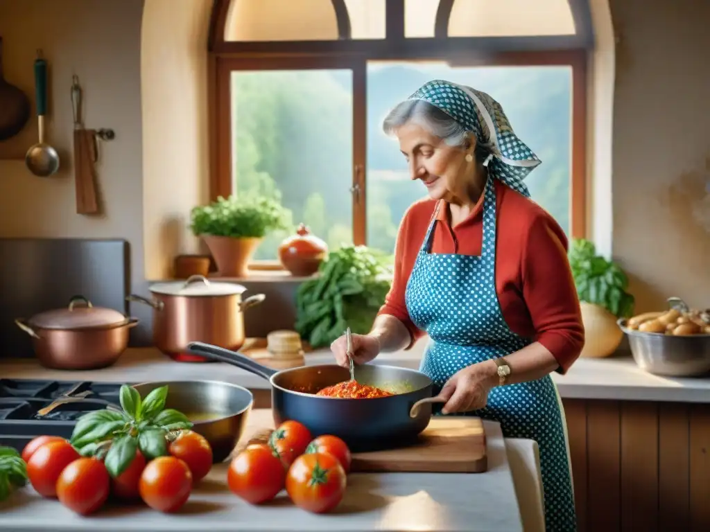 Una nonna en una cocina italiana tradicional, preparando recetas antiguas con identidad y amor