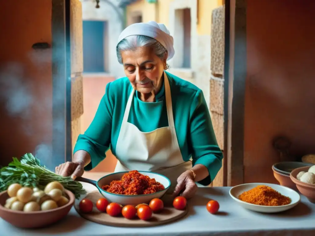 Una nonna en una cocina italiana tradicional en Calabria preparando 'Nduja pasta con amor