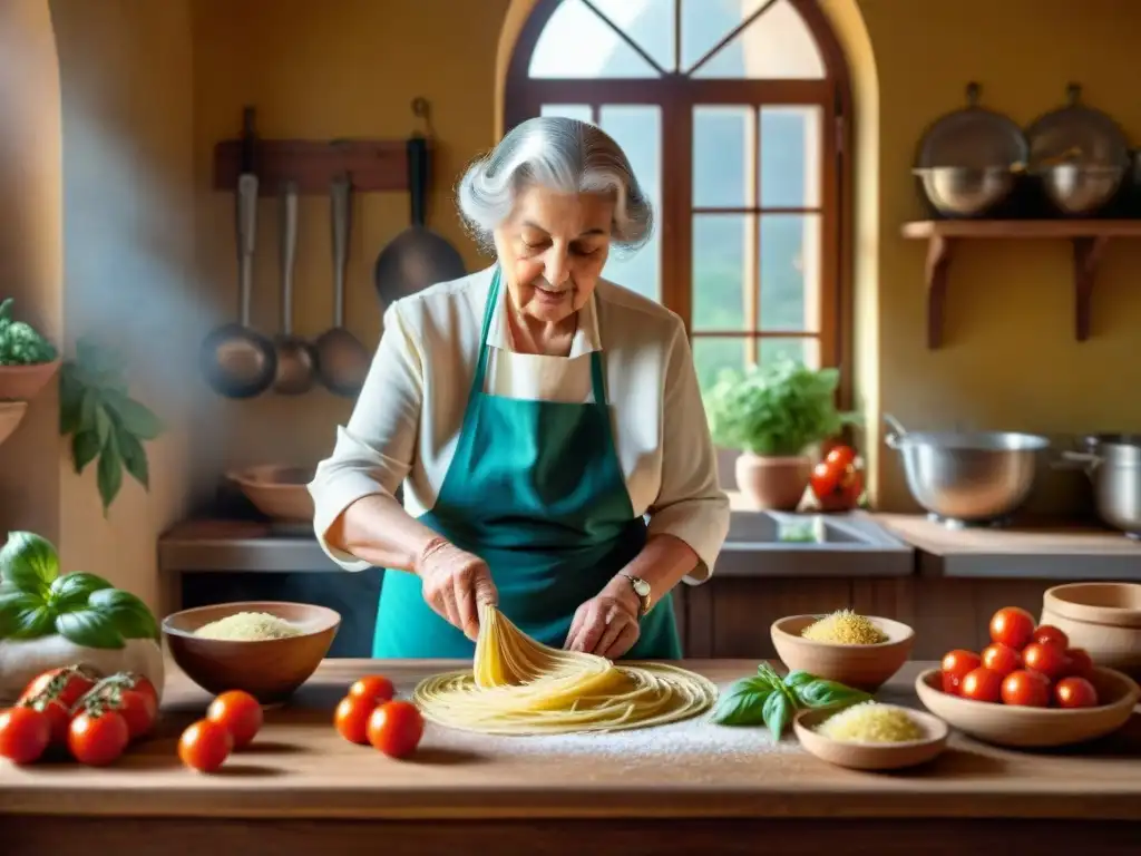 La nonna experta amasa pasta fresca en una cocina italiana tradicional, rodeada de ingredientes frescos