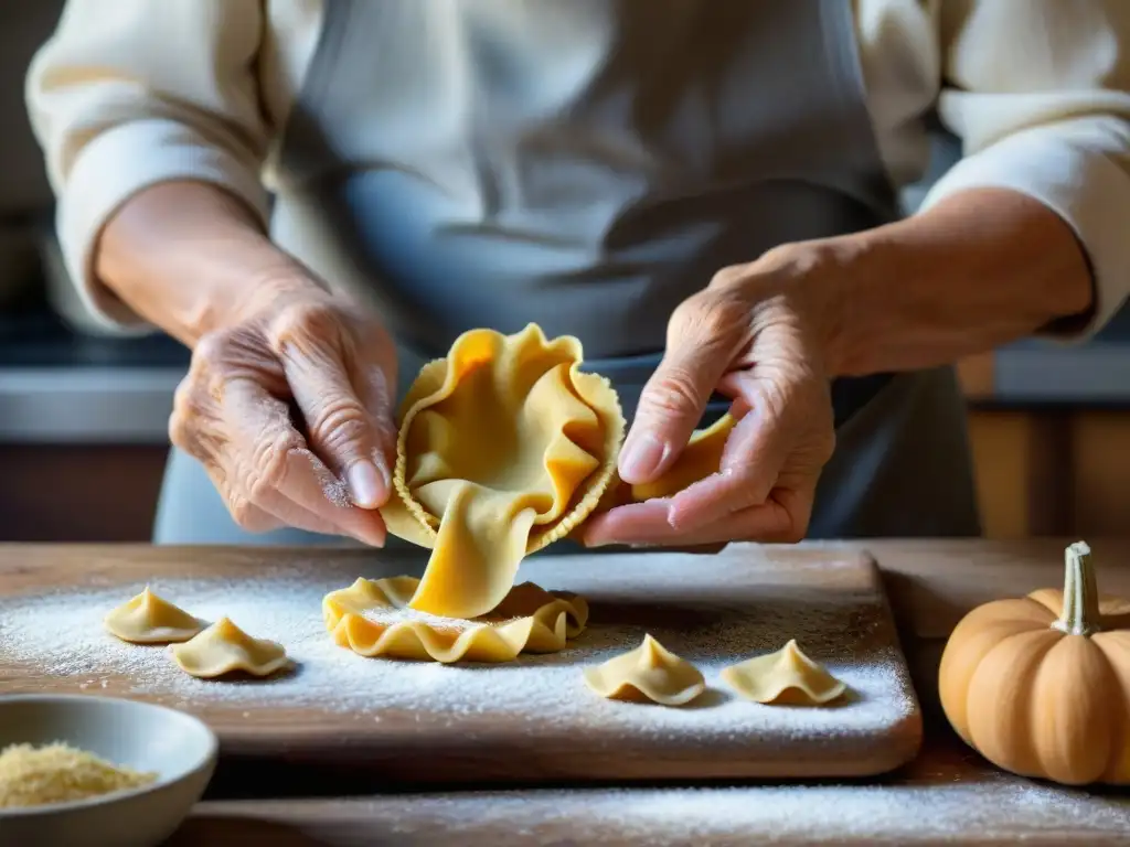 Nonna experta moldea tortelli di zucca con amor en Lombardia