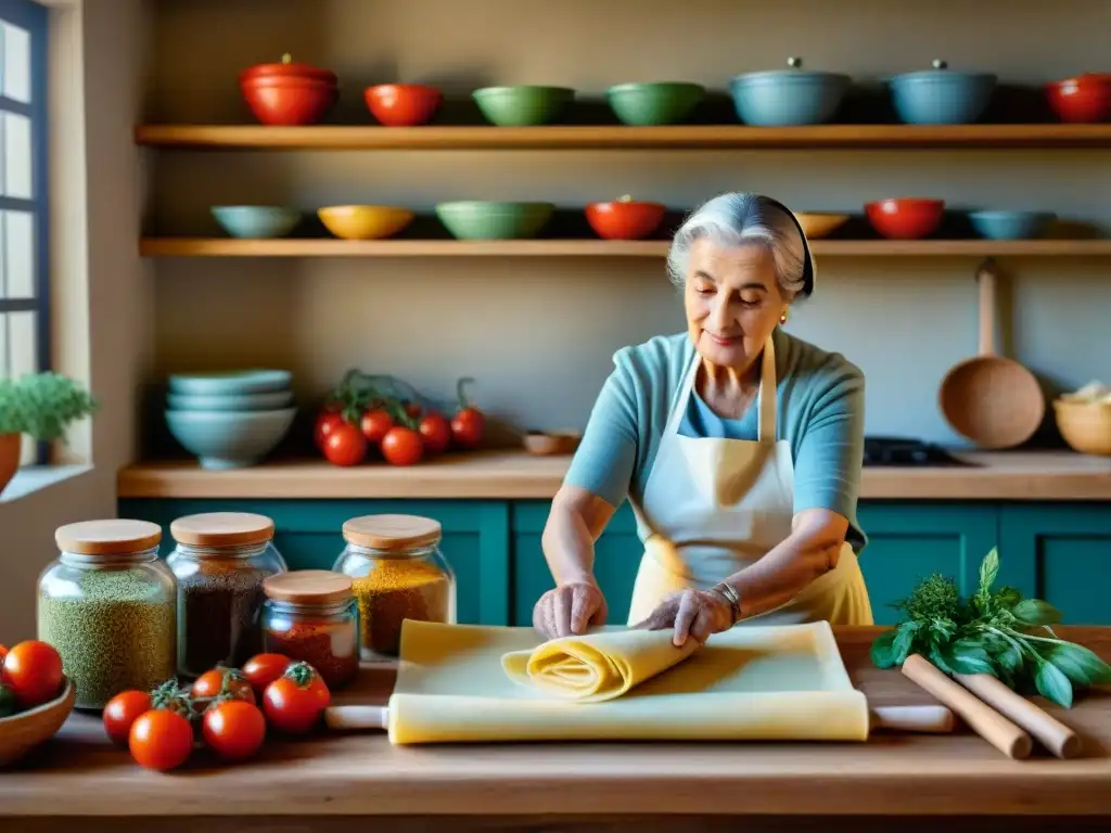 Una nonna experta en cocina italiana regional técnicas tradicionales amasa pasta fresca en una acogedora cocina rústica