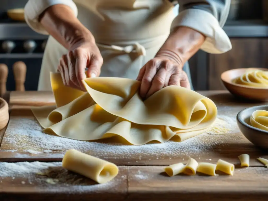 Una nonna experta en pasta fresca, mostrando la tradición de Recetas familiares italianas tradicionales en una cocina auténtica