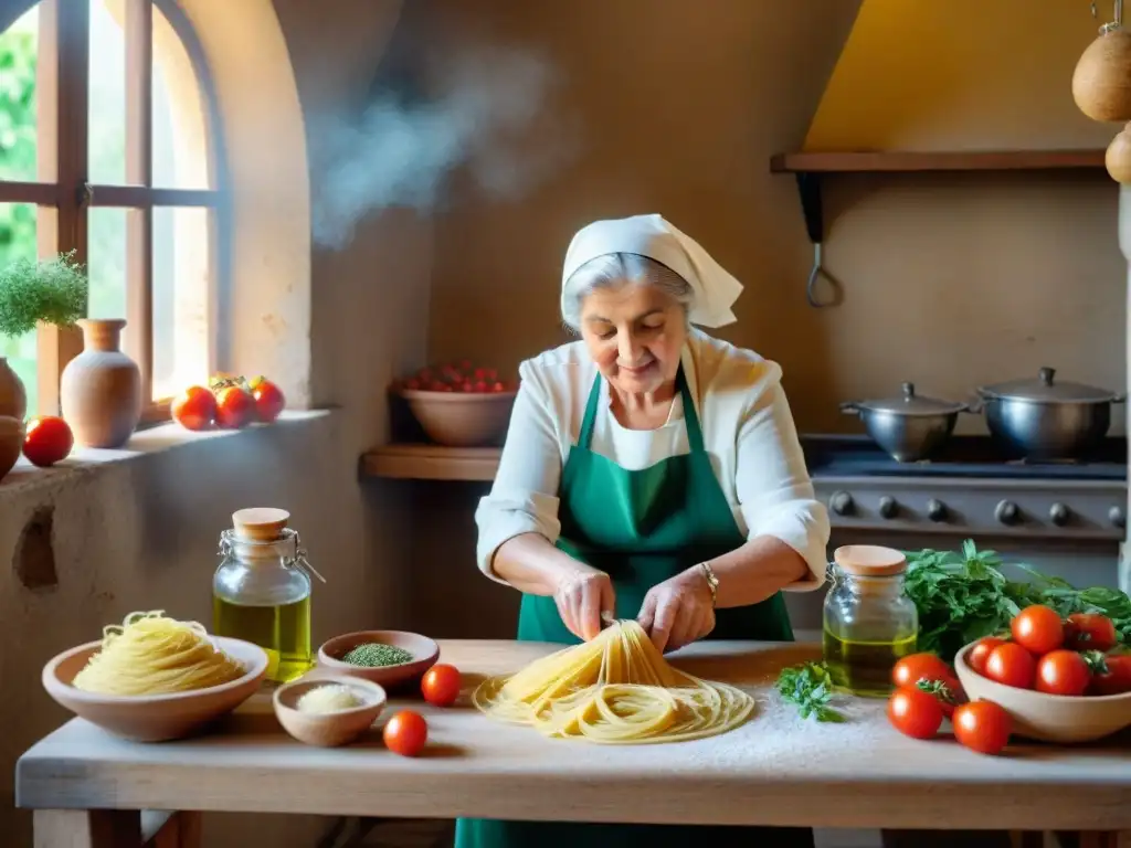 Nonna experta en pasta fresca en cocina italiana tradicional en Calabria