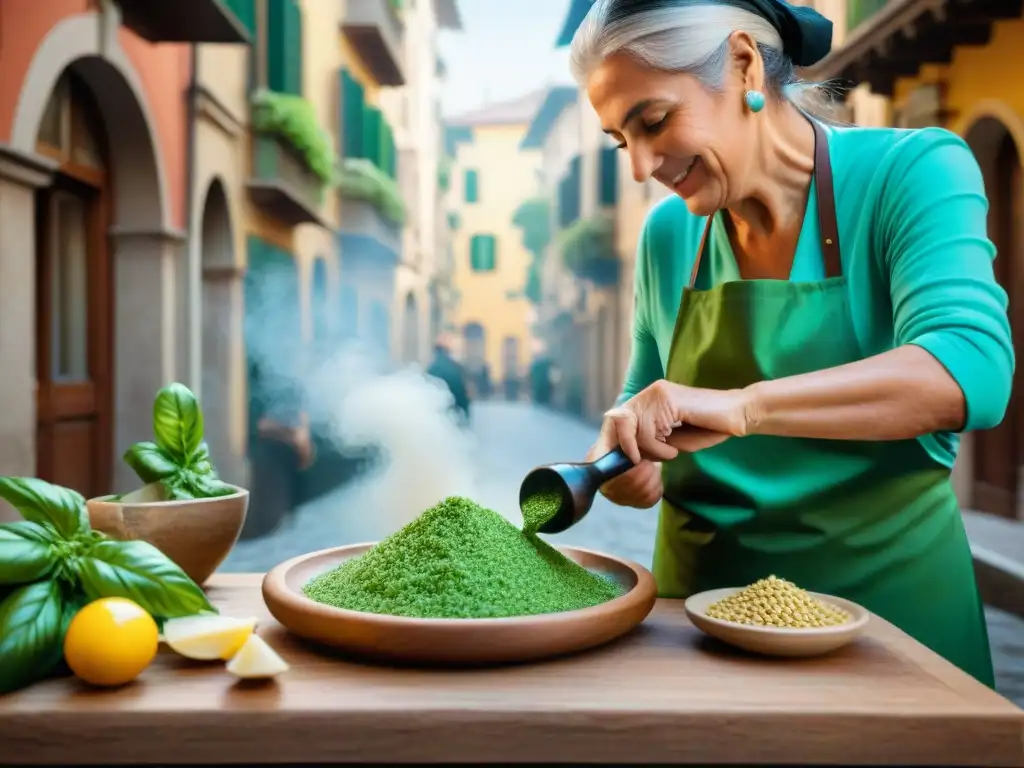 Nonna experta preparando pesto en Genova, Italia