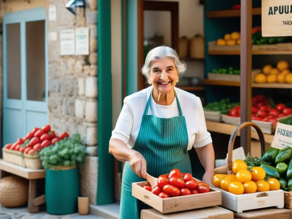 Una nonna seleccionando ingredientes frescos en un bullicioso mercado al aire libre en Apulia, Italia