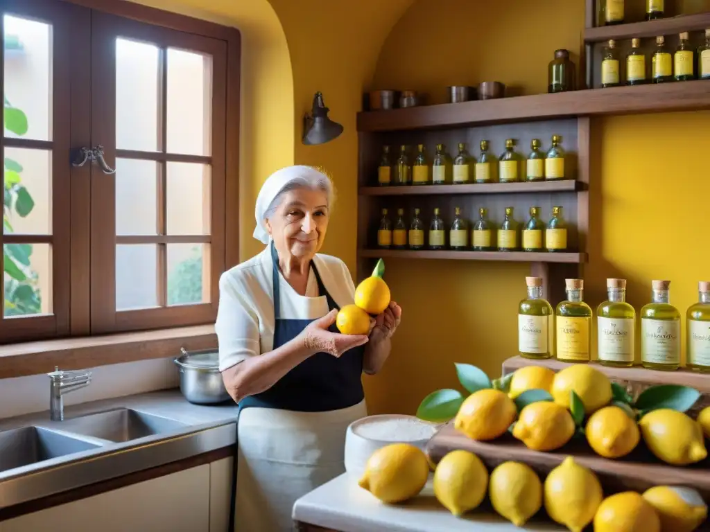 Una nonna italiana en una acogedora cocina de Sorrento preparando limoncello