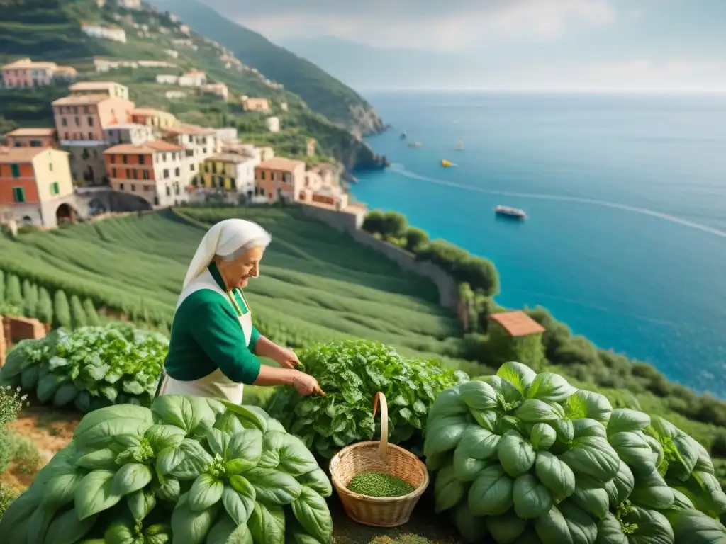 Una nonna italiana recolectando albahaca fresca en una colina soleada de Liguria