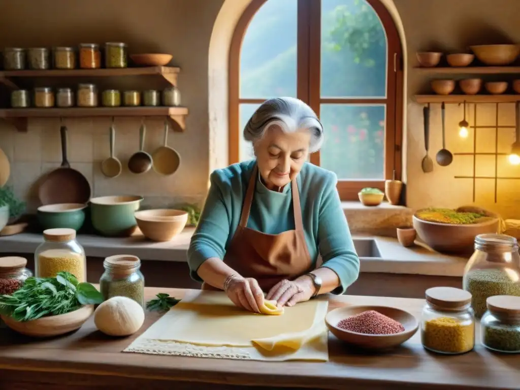 Una nonna italiana amasa pasta fresca en una cocina rústica de la Toscana, rodeada de Libros cocina italiana tradicional