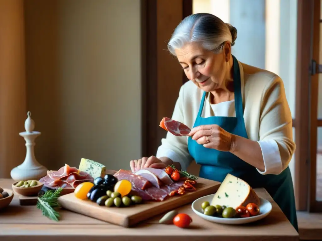 La nonna italiana coloca con amor un antipasto vibrante en una mesa rústica