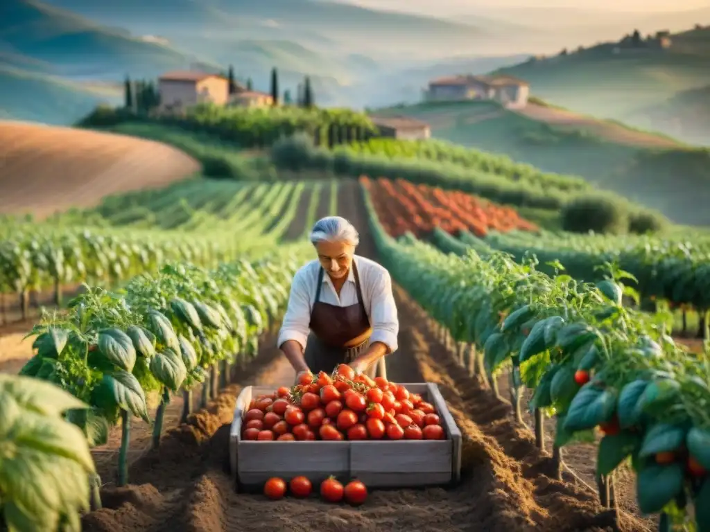 Una nonna italiana cuida con amor tomates San Marzano en un campo toscano al atardecer, técnicas cultivo ingredientes italianos