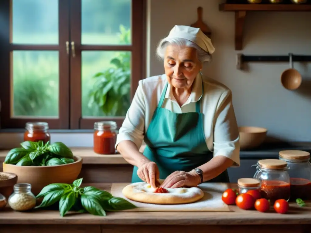 Una nonna italiana anciana amasando masa en una cocina rústica llena de ingredientes tradicionales